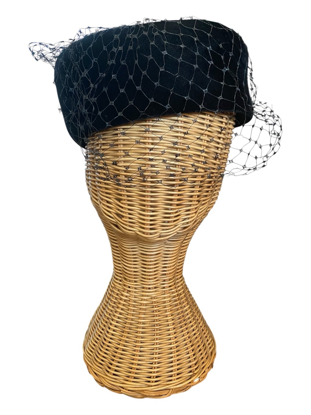 Vintage Womens 1960s Era Black Pillbox Hat With Veil Church Funeral Goth Velvet